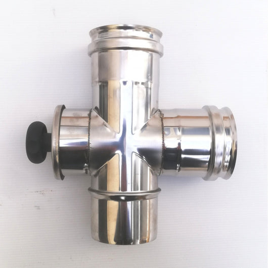 Raccordo a t da 80mm in acciaio inox croce con ispezione 5 decimi aisi 304