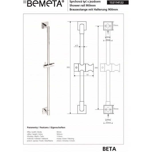 Asta doccia BETA in ottone cromato con porta doccia 90cmx 9cm x 11cm