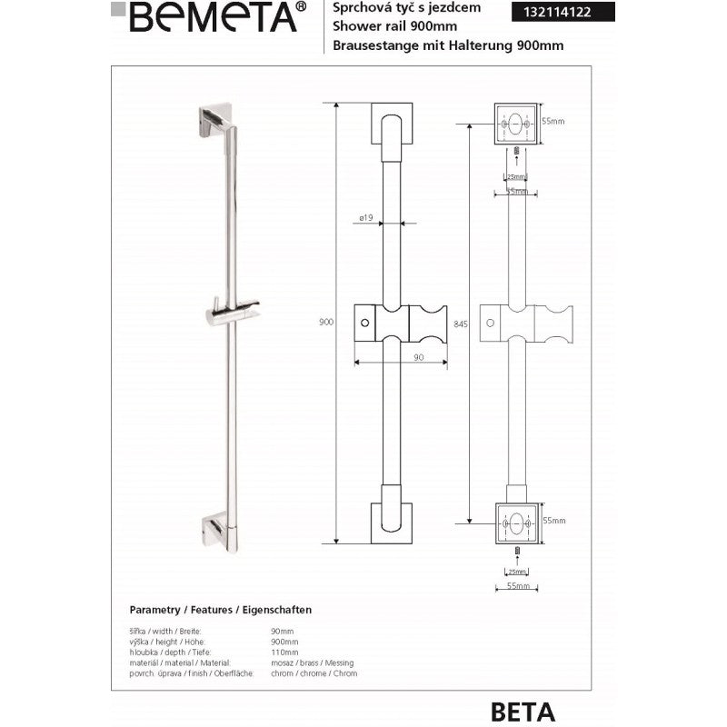 Asta doccia BETA in ottone cromato con porta doccia 90cmx 9cm x 11cm