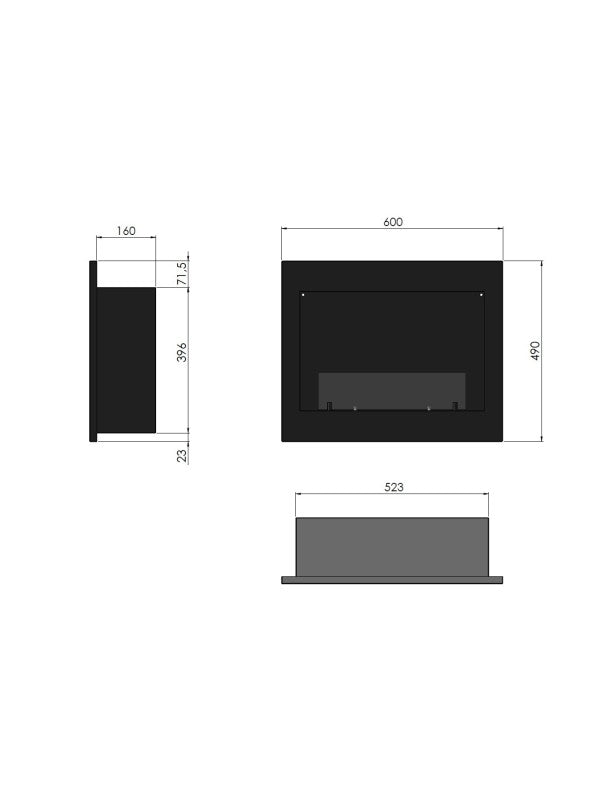 RAME 600 - Biocamino da incasso nero con vetro protettivo Camino a bioetanolo da parete