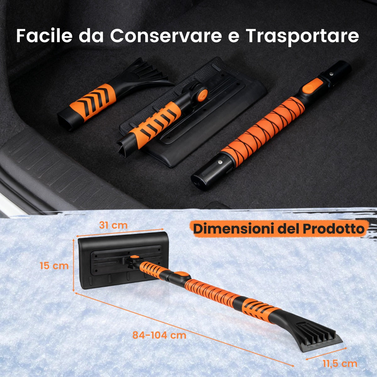 Raschietto per ghiaccio 104 cm con testa rotante a 180¡ã, Impugnatura antiscivolo in EVA e asta in alluminio aetrattile Arancione-Utensili