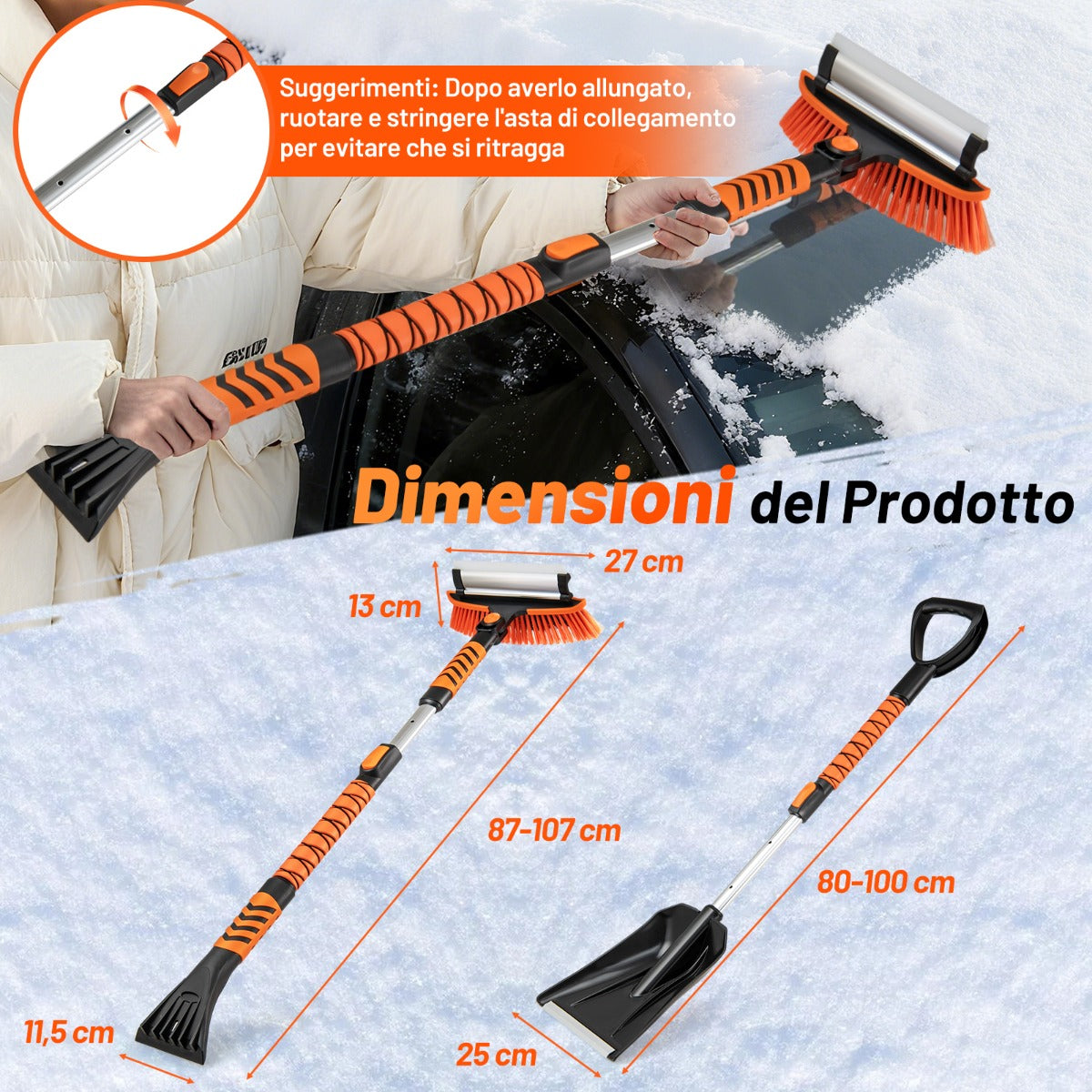 Raschietto per ghiaccio per parabrezza auto 4 in 1, Asta retrattile da neve in alluminio per auto Arancione-Utensili