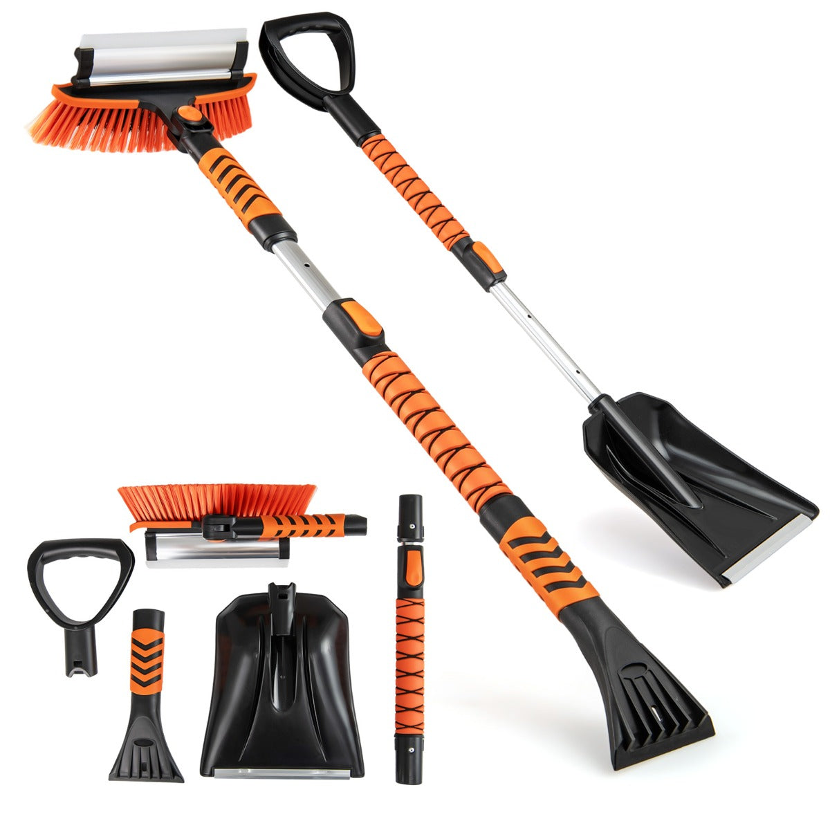 Raschietto per ghiaccio per parabrezza auto 4 in 1, Asta retrattile da neve in alluminio per auto Arancione-Utensili