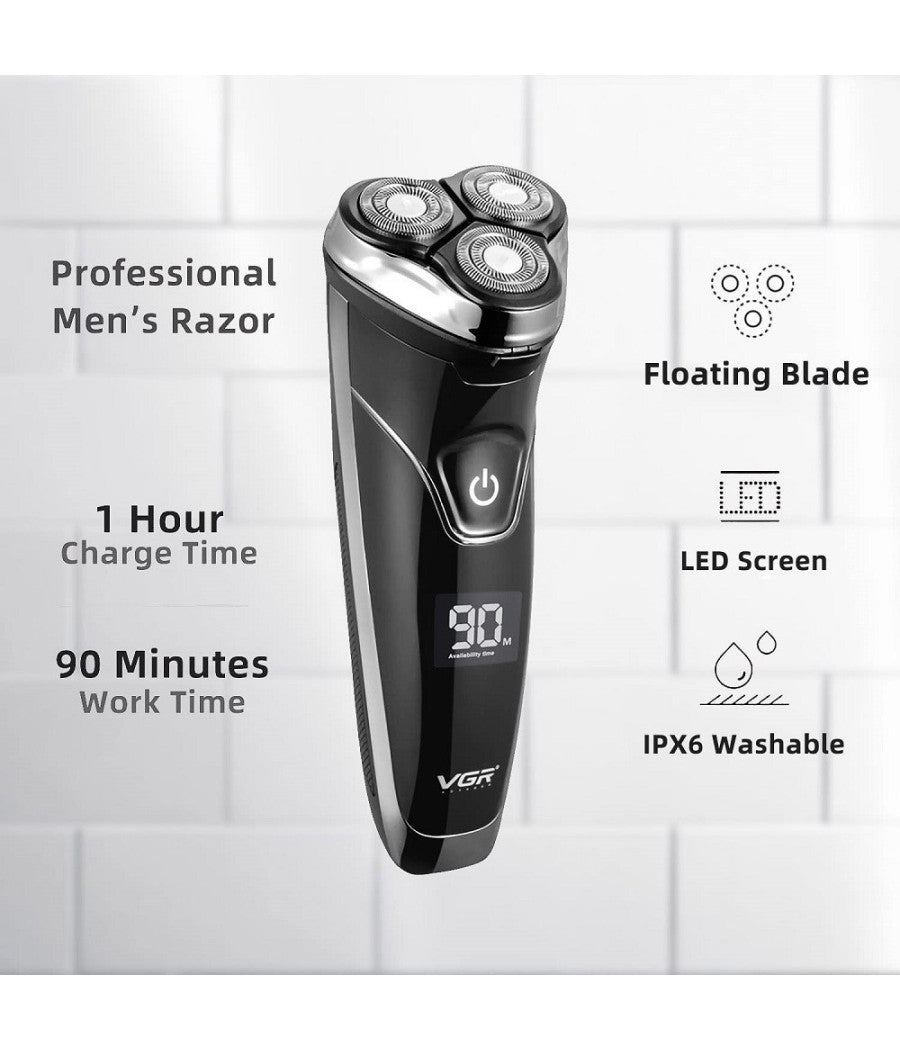 Rasoio A Triple Testine Rotanti Trimmer Barba Cordless Impermeabile Display V318         