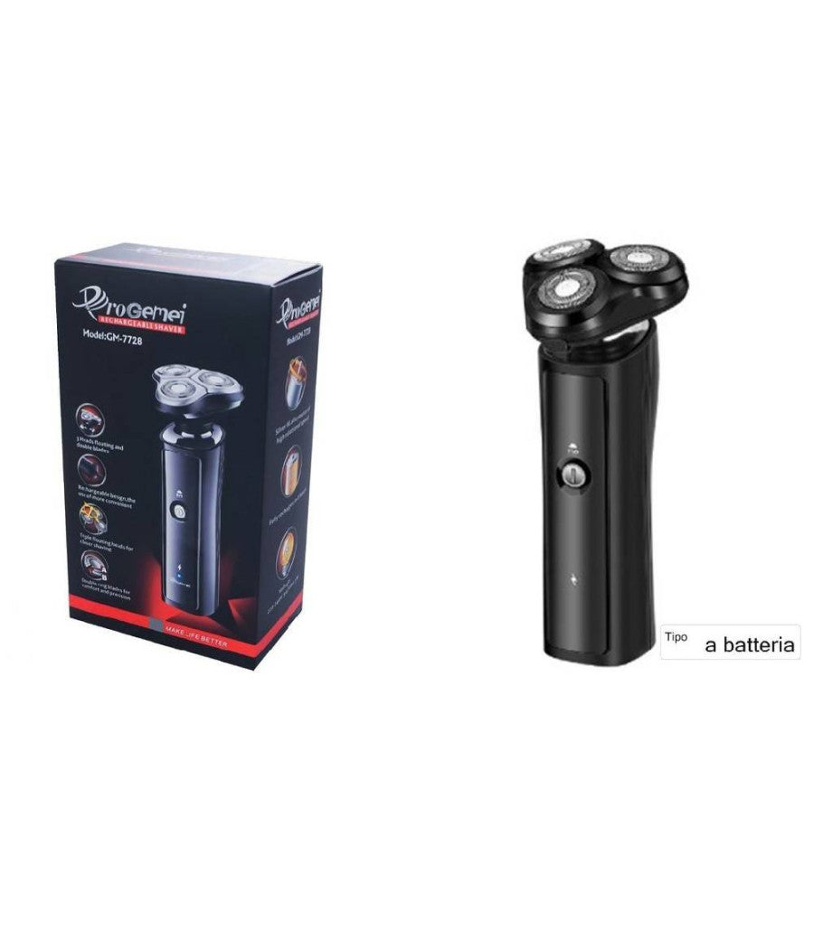 Rasoio Elettrico Gm7728 A Batteria 3 Testine Professionale Barba Capelli Cordless         