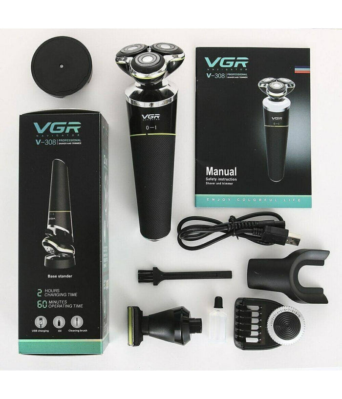 Rasoio Elettrico Per Barba E Capelli Senza Fili Impermeabile 3 Testine Vgr V-308         