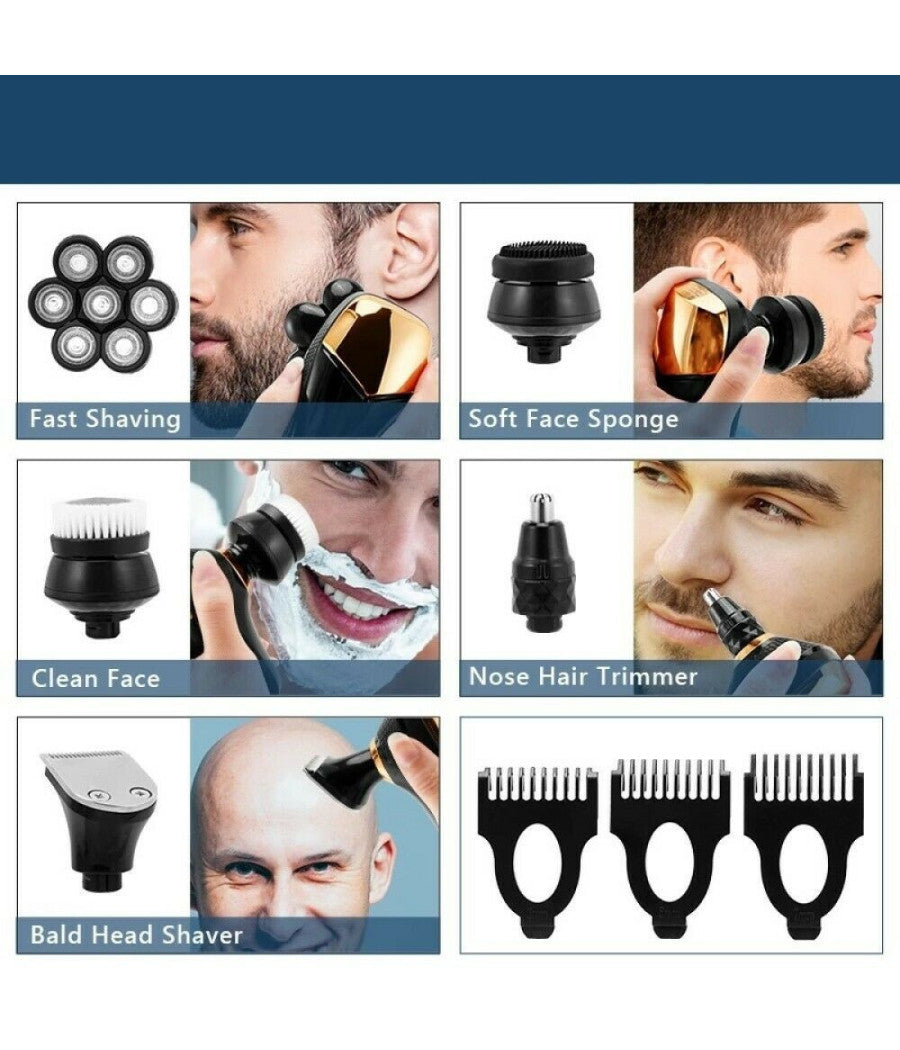 Rasoio Elettrico Ricaricabile 5 In 1 7 Testine Rotanti Barba Testa Naso Tx-8267         
