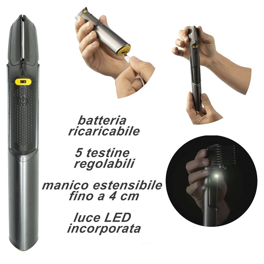 Trade Shop - Rasoio Professionale Elettrico Trim-max Senza Fili Luce Led Kit 5 Testine Barba Capelli         