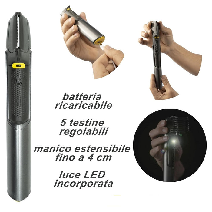 Trade Shop - Rasoio Professionale Elettrico Trim-max Senza Fili Luce Led Kit 5 Testine Barba Capelli         