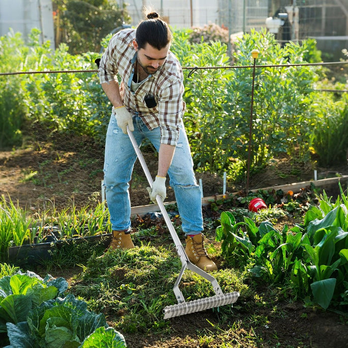 Rastrello da giardino da 178 cm con manico iungo, Rastrello alluminio da 50 cm con 19 denti curvi per pulire erba morta-Attrezzi da giardino