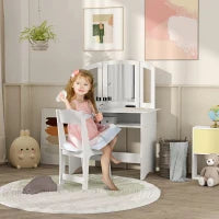 Set da Trucco per Bambini con Tavolo Toeletta con Specchio Triplo Rimovibile e Sedia in Legno Bianco
