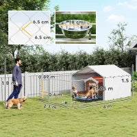 Recinto per Cani con Coperture e Ciotole Girevoli, in Acciaio e tessuto Oxford, 4x2.3x1.5 m, Argento