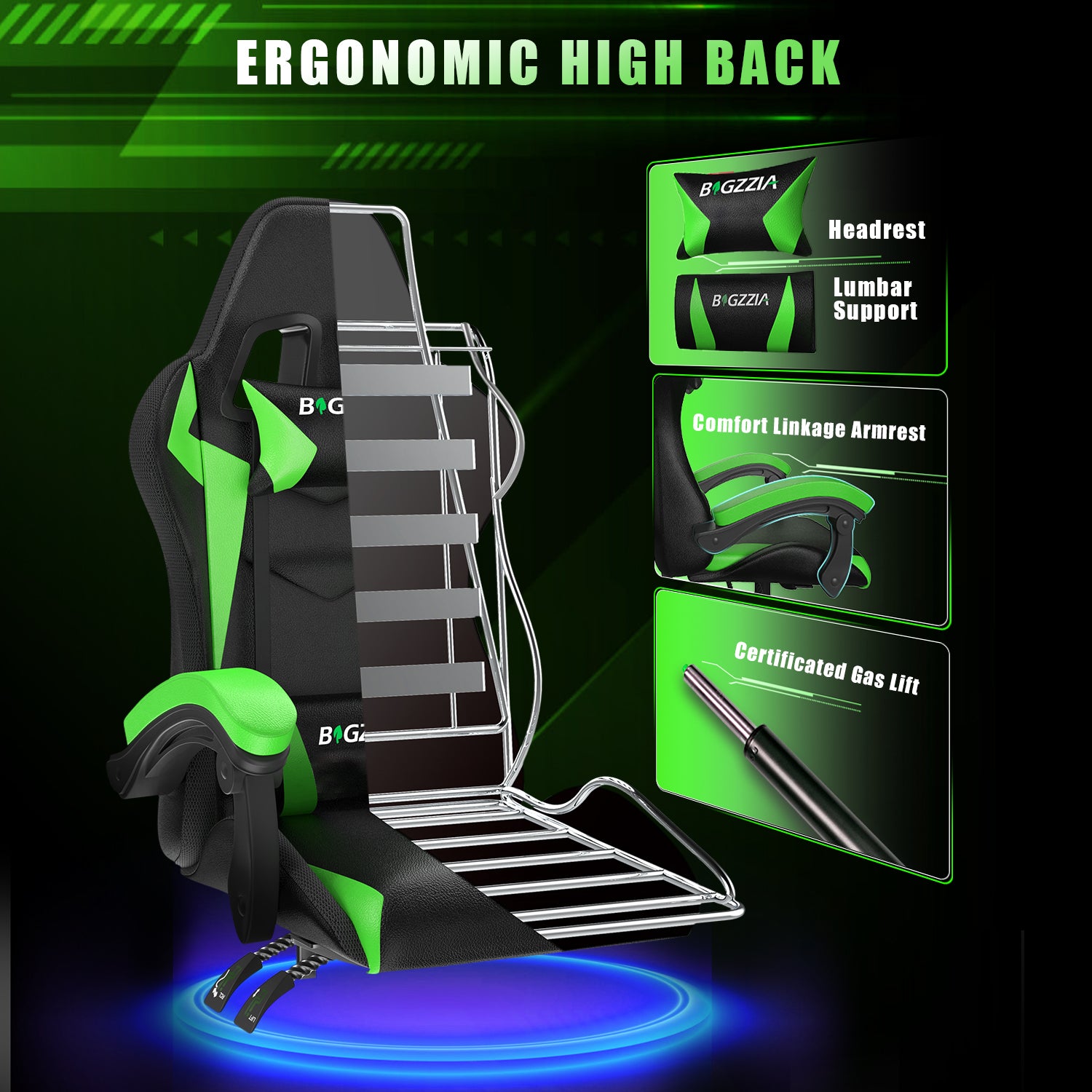 Sedia Gaming RGB LED - RATTANTREE - Sedia poltrona da gaming per ufficio videogiochi reclinabile - sedia gaming ergonomica in Pelle Pu - con Poggiatesta - Verde