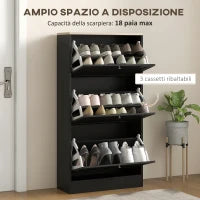 Scarpiera Salvaspazio a 3 Cassetti con Ripiani Regolabili su 2 Livelli, in Legno, 60x23.5x115 cm, Nero