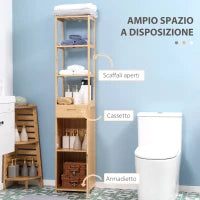 kleankin Mobile Bagno Alto in Bambù con 3 Ripiani Aperti, un Cassetto e un Armadietto, 32x30x163 cm, color Legno