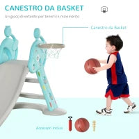 Scivolo per Bambini da 18 Mesi Pieghevole con 3 Scalini e Canestro Basket, Scivolo da Interno ed Esterno, 147x82x85.5 cm, Blu e Grigio