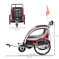 Rimorchio Bici per Bambini e Passeggino, Design 2 in 1 con Freno, Cintura a 5 Punti, Carrello Rimorchio per Bicicletta con Tasche Laterali, Catarifrangenti e Bandierina, Rosso