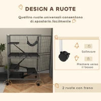 Gabbia per Roditori con 4 Ingressi a Livelli Multipli con Amaca, in Metallo e PP, 80x52x128 cm, Argento e Grigio