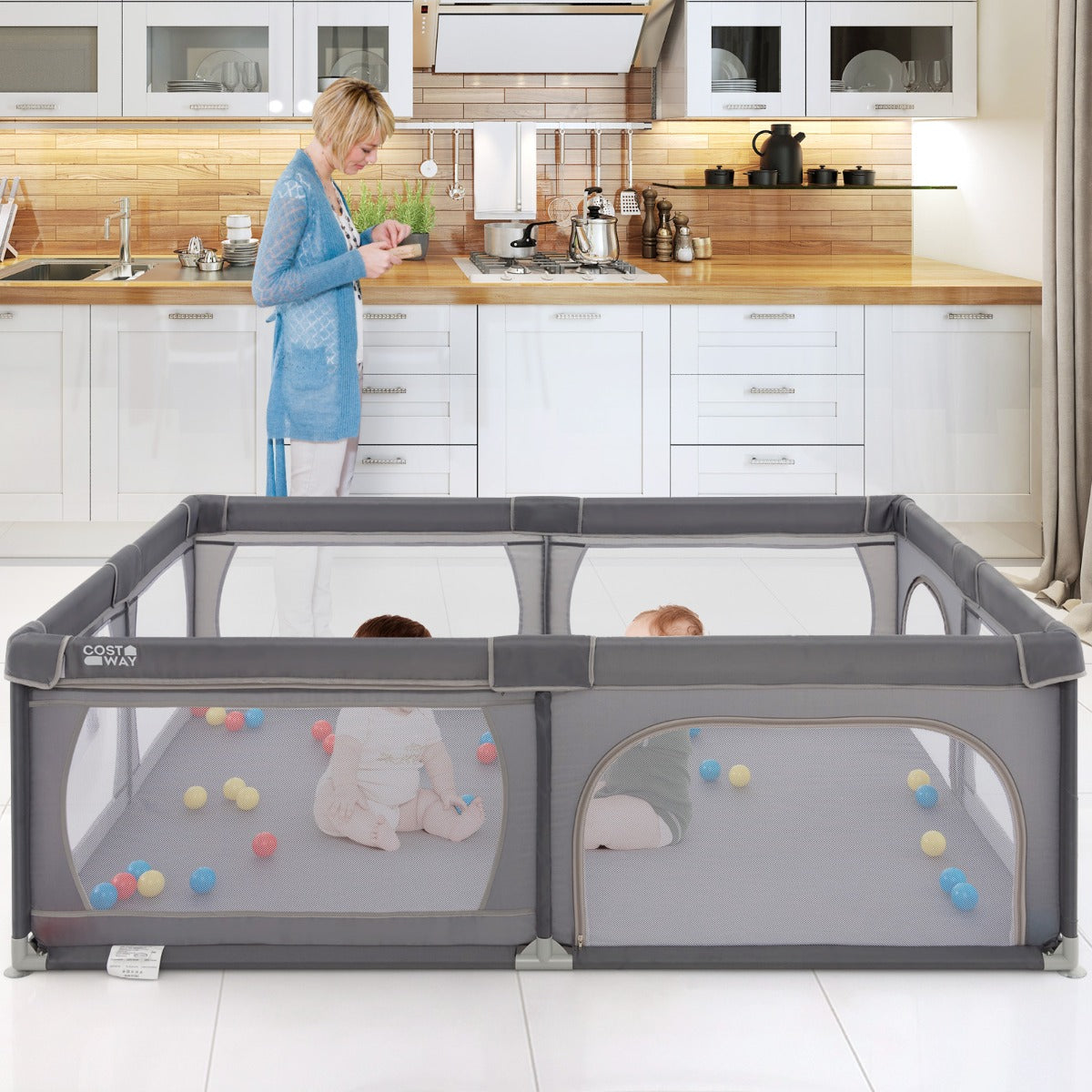 Recinto bambini con rete traspirante tasca portaoggetti apertura a cerniera, Box giochi per neonati Grigio scuro-Cancelletti di sicurezza