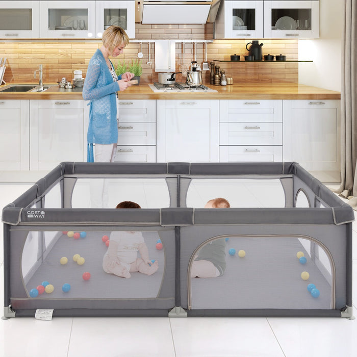 Recinto bambini con rete traspirante tasca portaoggetti apertura a cerniera, Box giochi per neonati Grigio scuro-Cancelletti di sicurezza