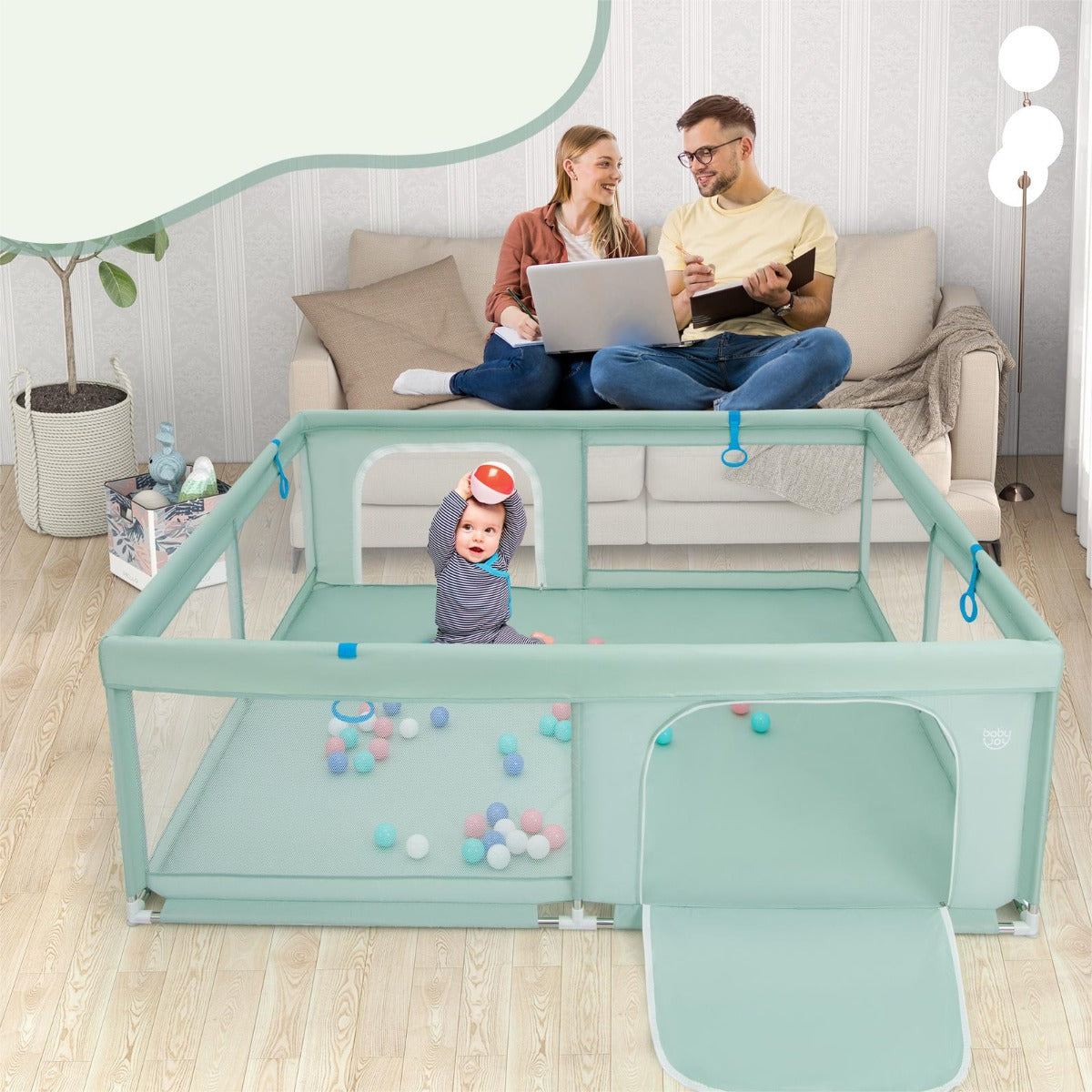 Recinto da gioco per bambini con rete traspirante maniglie palline oceaniche, Parco giochi 200x180x68cm Verde-Cancelletti di sicurezza