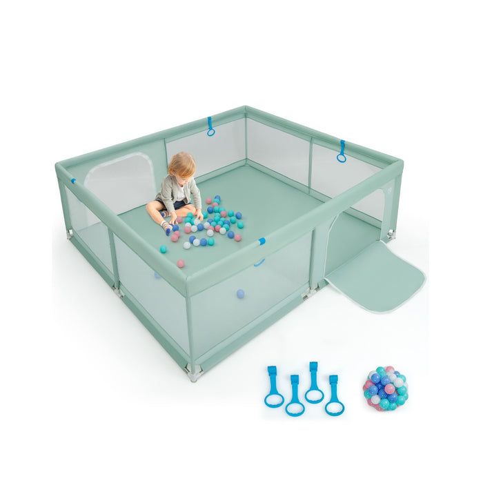 Recinto da gioco per bambini con rete traspirante maniglie palline oceaniche, Parco giochi 200x180x68cm Verde-Cancelletti di sicurezza