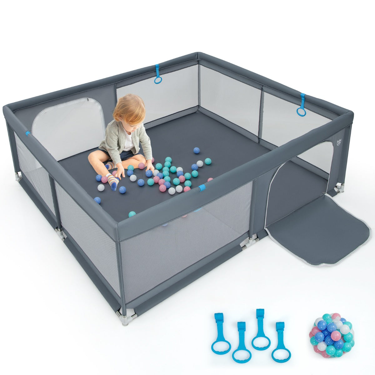 Recinto da gioco per bambini con rete traspirante maniglie palline oceaniche, Parco giochi 200x180x68cm Grigio-Cancelletti di sicurezza