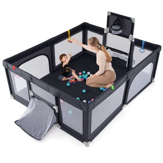 Recinto da gioco per bambini con porta con cerniera rete traspirante-Recinto gioco per bambini con canestro da basket Grigio scuro