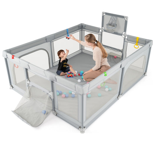 Recinto da gioco per bambini con porta con cerniera rete traspirante, Recinto gioco per bambini con canestro da basket Grigio-Cancelletti di sicurezza