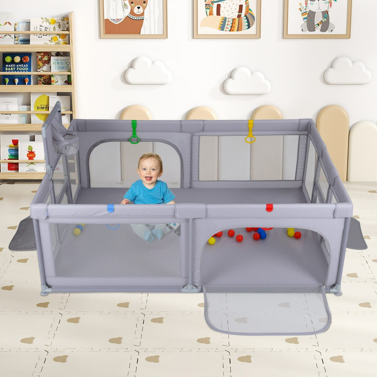 Area giochi sicura con canestro da basket e palline oceaniche-Recinto giochi grande per bambini Grigio chiaro