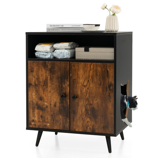 Recinto lettiera per gatti con ingresso gambe inclinate in metallo scomparto aperto, Mobile nascosto Marrone-Lettini e divanetti