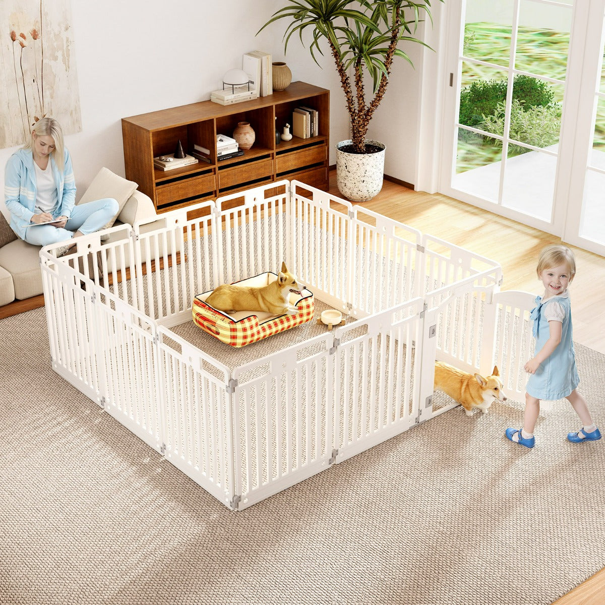 81 cm Recinto per cani a 6 pannelli con porta di bloccaggio e picchetti da terra, Casa per cani medi e piccoli Bianco-Cancelli