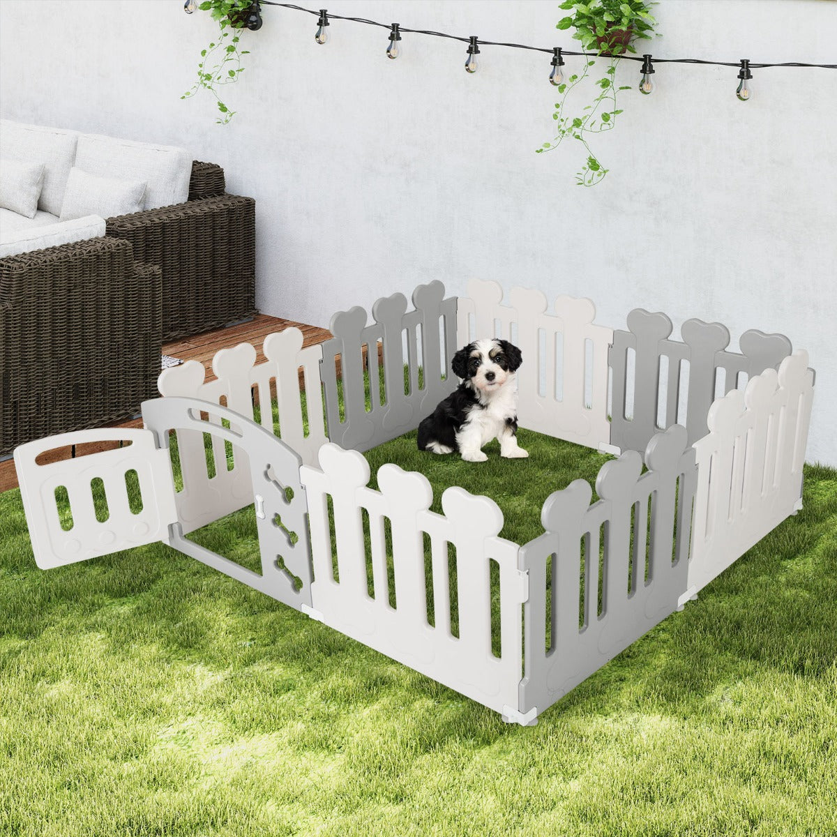 Recinto per animali domestici con 8 pannelli, Recinto per cani con porta motivi adorabili e angoli sicuri Grigio-Cancelli