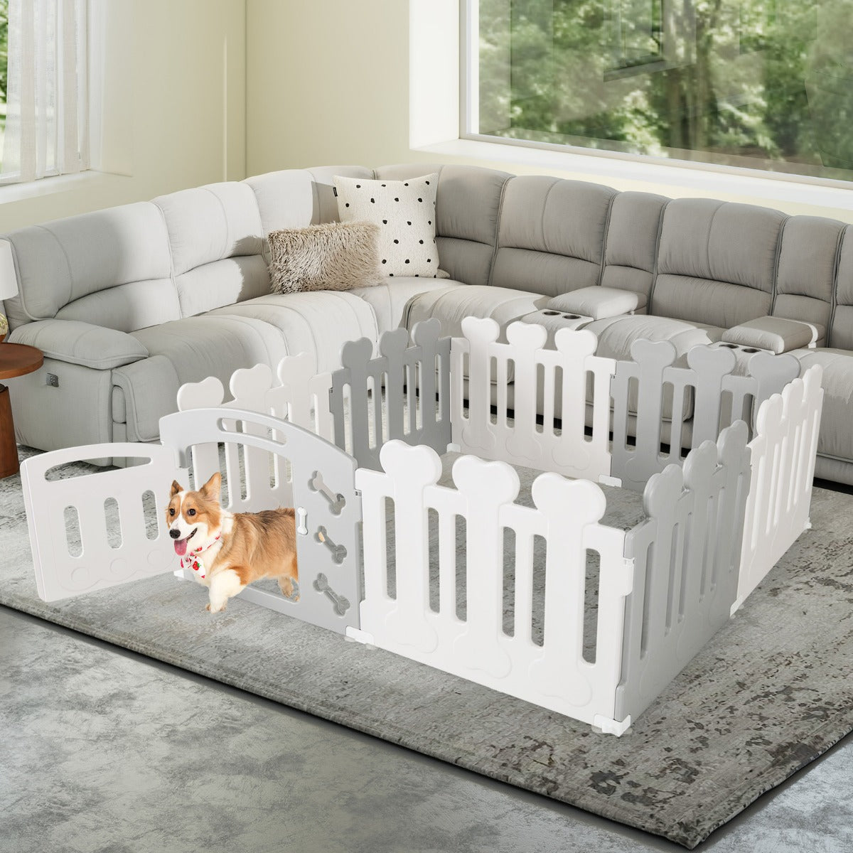 Recinto per animali domestici con 8 pannelli, Recinto per cani con porta motivi adorabili e angoli sicuri Grigio-Cancelli