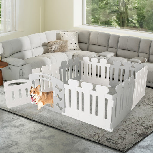 Recinto per animali domestici con 8 pannelli, Recinto per cani con porta motivi adorabili e angoli sicuri Grigio-Cancelli