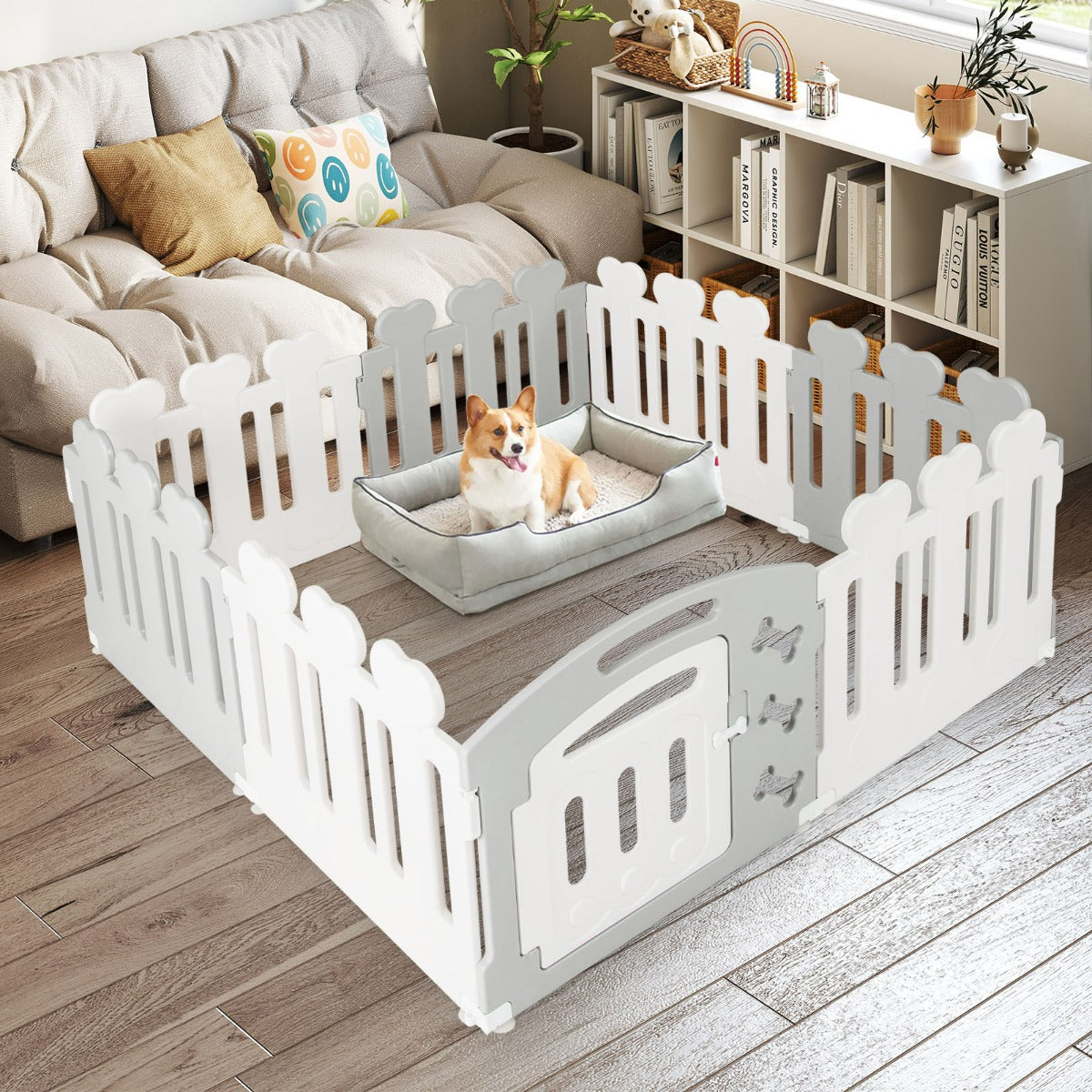 Recinto per animali domestici con 8 pannelli, Recinto per cani con porta motivi adorabili e angoli sicuri Grigio-Cancelli
