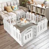 Recinto per animali domestici con 8 pannelli, Recinto per cani con porta motivi adorabili e angoli sicuri Grigio-Cancelli