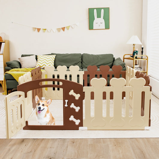 Recinto per animali domestici con 8 pannelli, Recinto per cani con porta motivi adorabili e angoli sicuri Marrone-Cancelli