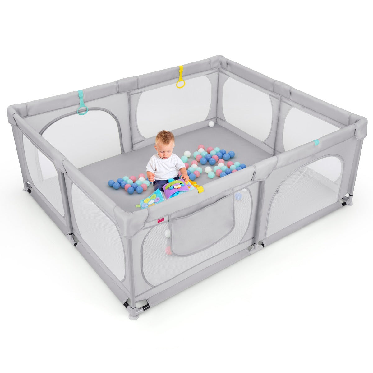 Recinto per bambini con cerniera e rete traspirante tasca portaoggetti, Centro attivit¨¤ per bambini da 0 a 3 anni Grigio-Cancelletti di sicurezza