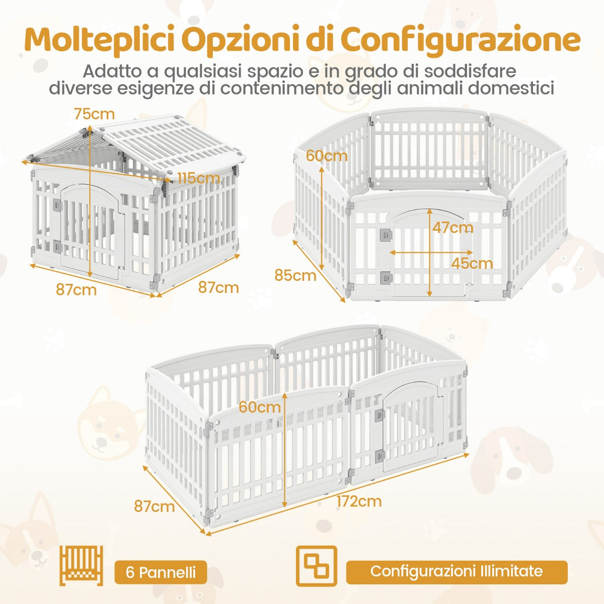 Recinto per cani in plastica con cancello pieghevole a 6 pannelli 60 cm, Casa per cani medi e piccoli Bianco-Cancelli