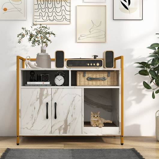 Toilette nascosta per gatti con doppie porte e cartone per graffi, Contenitore per lettiera per gatti Marmo bianco-Lettini e divanetti