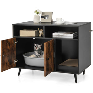 Recinto per lettiera per gatti con tira graffi gambe inclinate in metallo, Casa in legno da interno per gattini-Lettini e divanetti