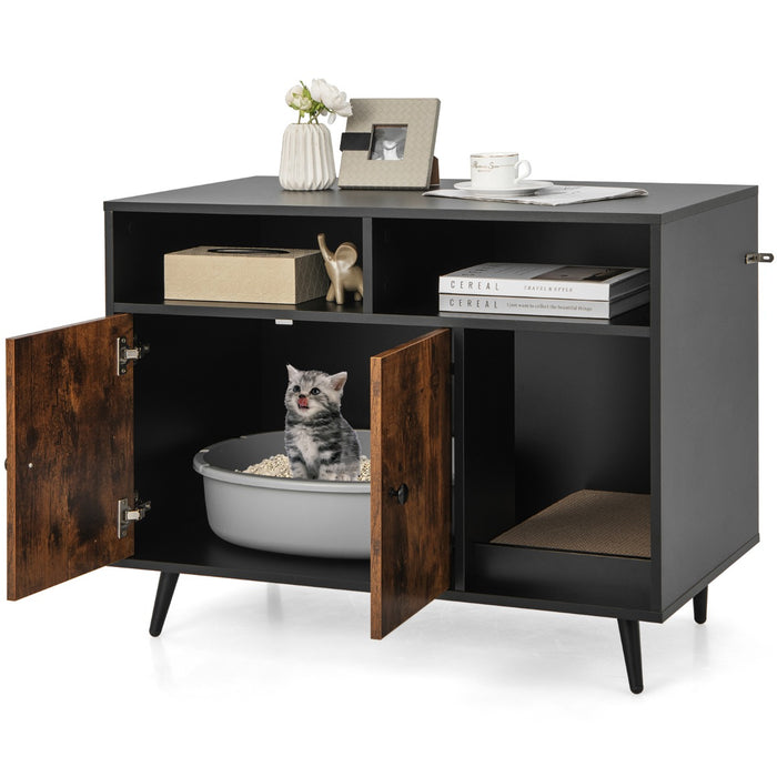 Recinto per lettiera per gatti con tira graffi gambe inclinate in metallo, Casa in legno da interno per gattini-Lettini e divanetti