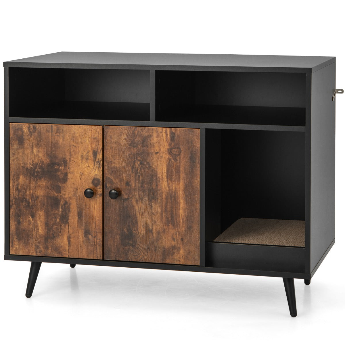 Recinto per lettiera per gatti con tira graffi gambe inclinate in metallo, Casa in legno da interno per gattini-Lettini e divanetti