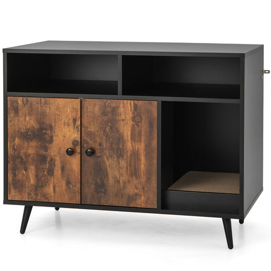 Recinto per lettiera per gatti con tira graffi gambe inclinate in metallo, Casa in legno da interno per gattini-Lettini e divanetti