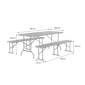 Set di 2 tavoli da ricevimento pieghevoli in acciaio, 2 panche, grigio