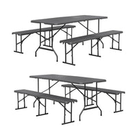 Set di 2 tavoli da ricevimento pieghevoli in acciaio, 2 panche, grigio