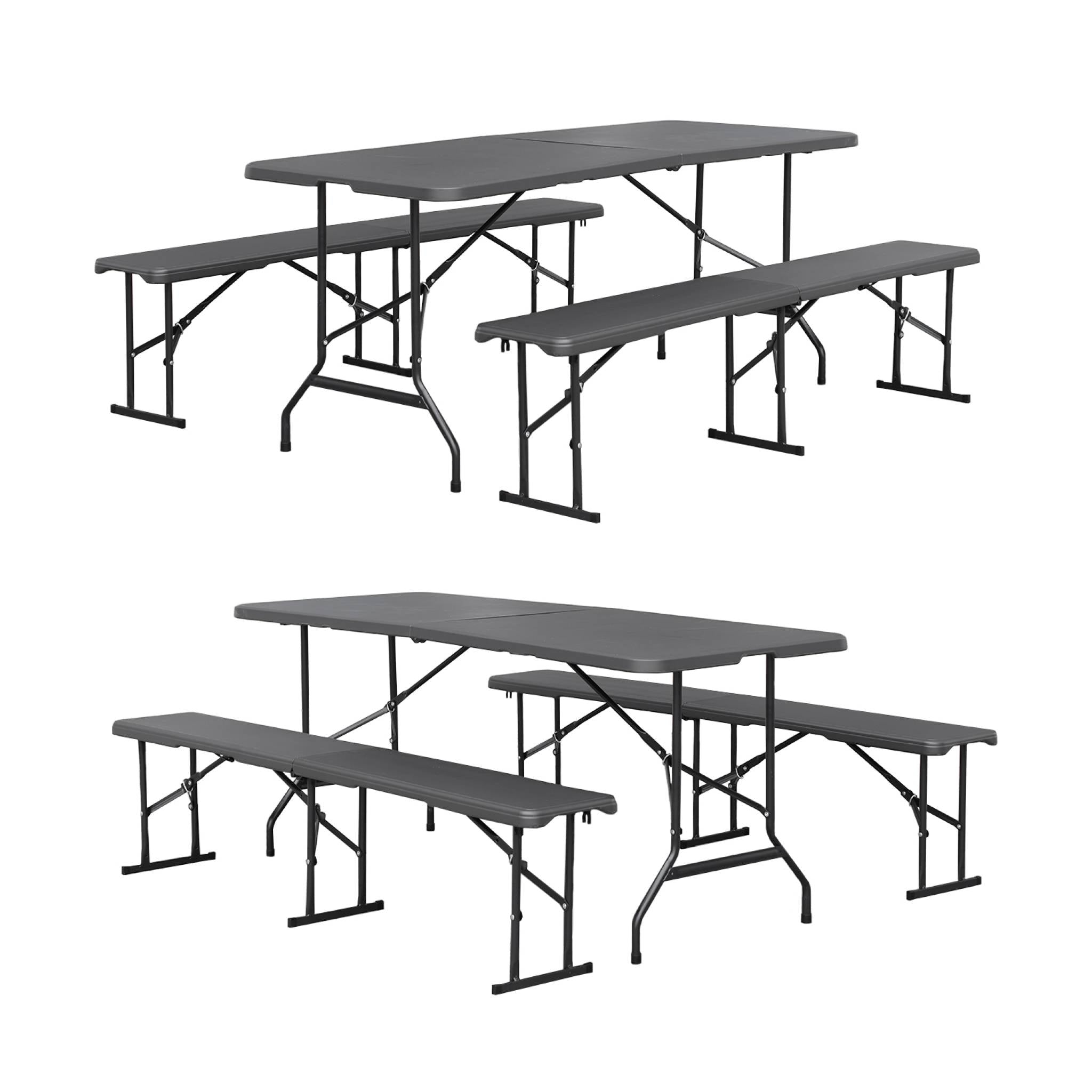 Set di 2 tavoli da ricevimento pieghevoli in acciaio, 2 panche, grigio