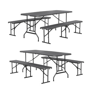 Set di 2 tavoli da ricevimento pieghevoli in acciaio, 2 panche, grigio