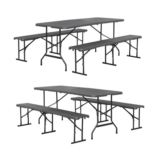 Set di 2 tavoli da ricevimento pieghevoli in acciaio, 2 panche, grigio